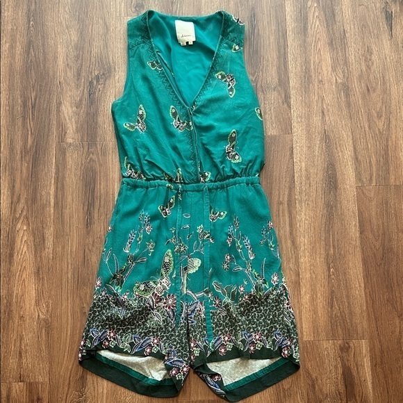 elevenses Pants - Elevenses Floral Green Romper M Medium Criss-cross open lower back butterfly